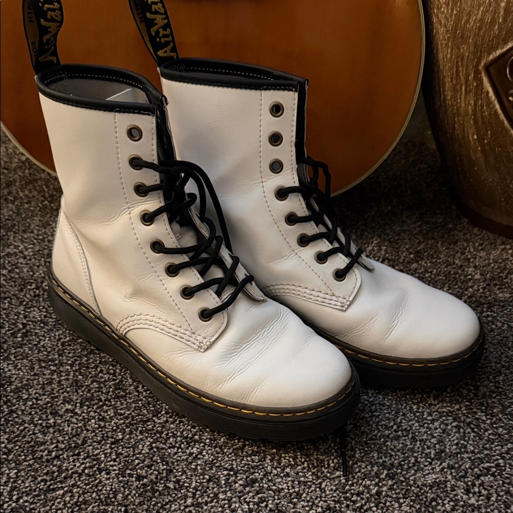 Dr. Martens White Leather Combat Boots with Black Trim
